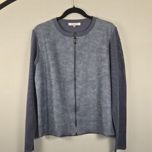 Sioni Milano‎ Blue/Gray Zip-Up Faux suede/leather Classic Sweater, Size L